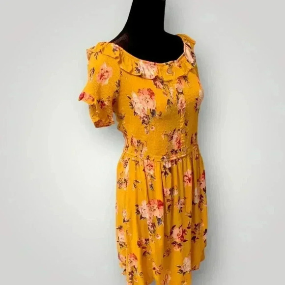 Xhilaration Yellow Floral Print Ruffled Smocked Bodice Off-Shoulder Mini Dress - Picture 6 of 14